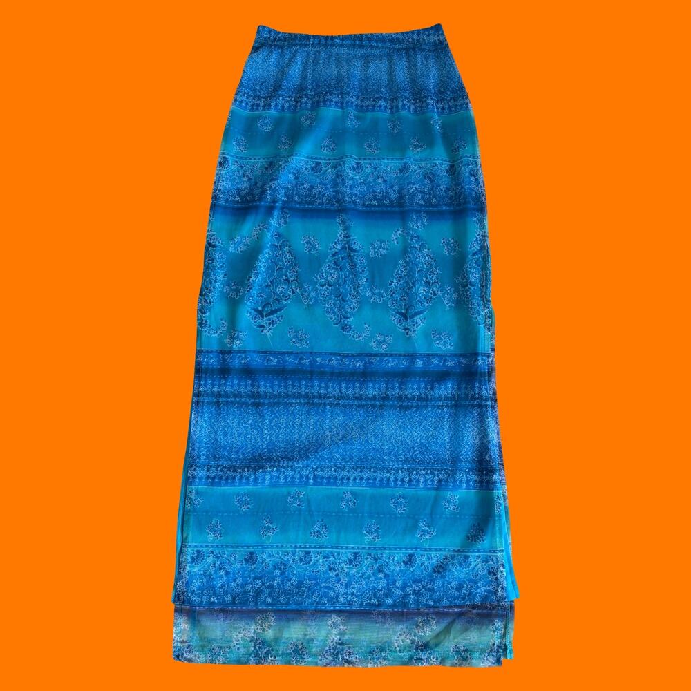 90's vintage blue mesh paisley boho new age maxi skirt XS SMALL